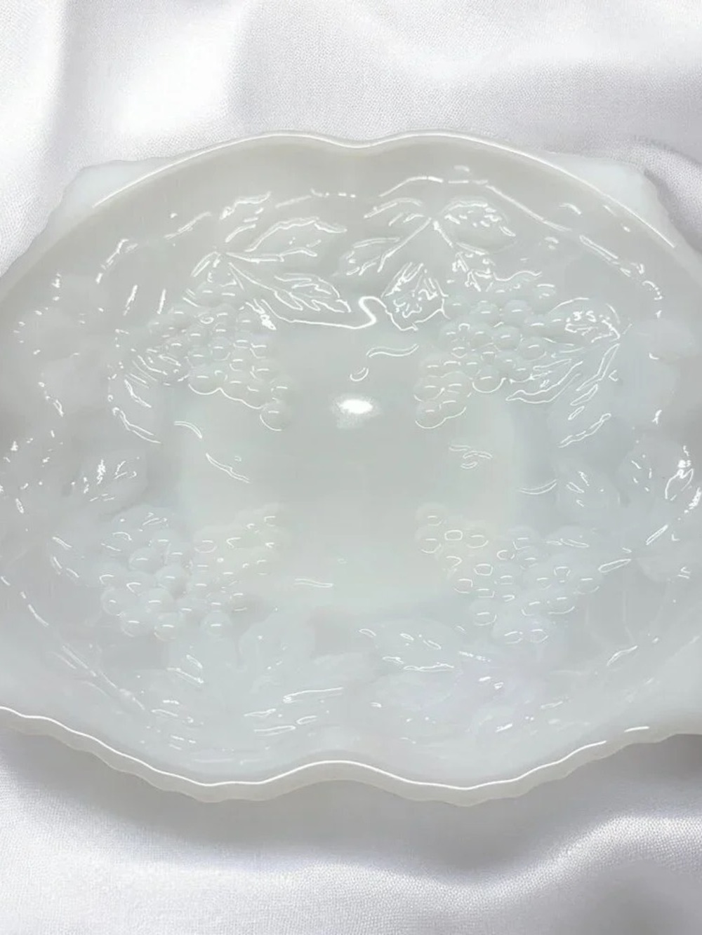 White Milk Glass Serving Bowl with Grape Relief